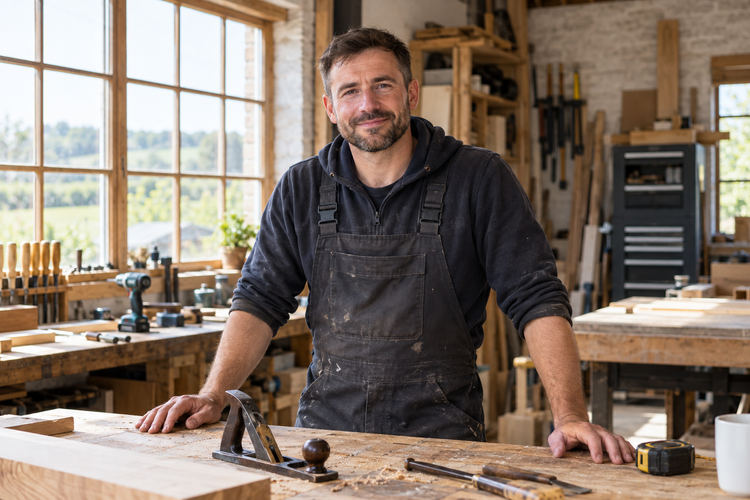 A tradesperson at a workbench in a bright workshop